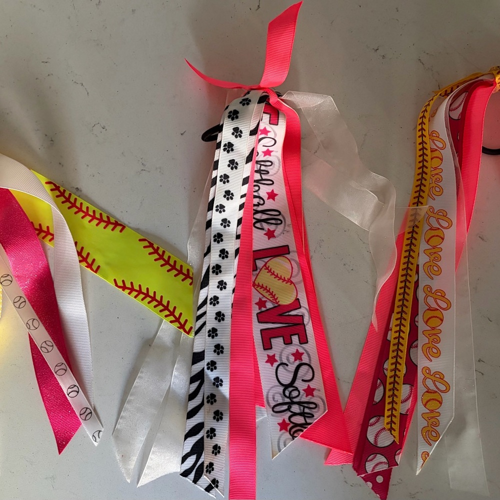 Softball Themed Hair bow Streamer Set - Pink, White, Yellow, Black- Set of 3